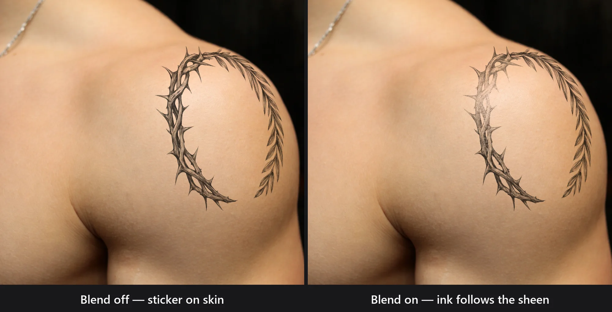 The same inkPEEK shoulder preview twice — with blend off the tattoo sits like a sticker; with blend on the ink thins naturally where the skin sheens