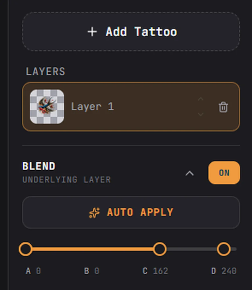 The Blend panel in the inkPEEK editor — On/Off toggle, Auto Apply button, and the A, B, C, D slider handles