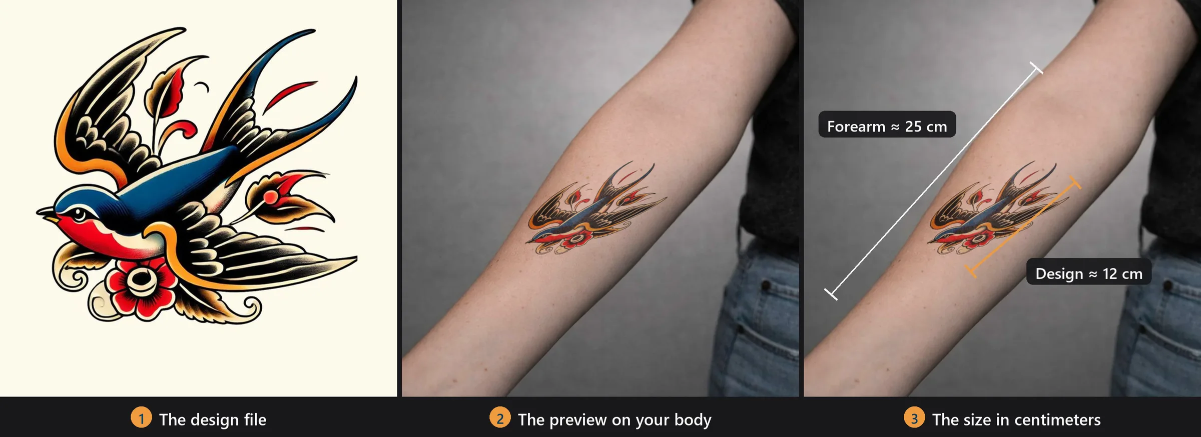 The three things to bring to a tattoo consultation — the original swallow design file, the inkPEEK preview of it on a forearm, and the same preview annotated with a 12 cm measurement