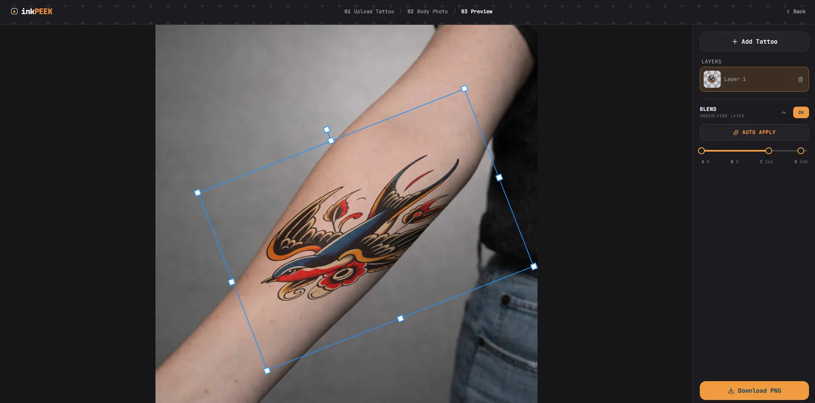 The inkPEEK editor with a swallow design being positioned on a forearm photo — layers panel, blend toggle, and resize handles visible
