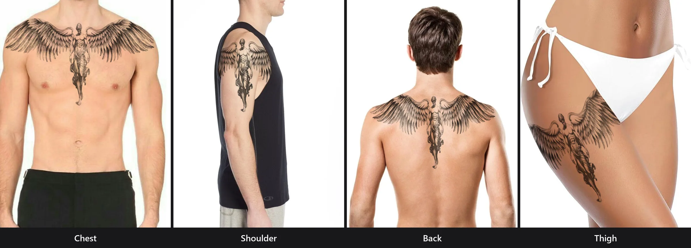 The same angel-wings tattoo design previewed with inkPEEK on four placements — chest, shoulder, back, and thigh — each reading completely differently