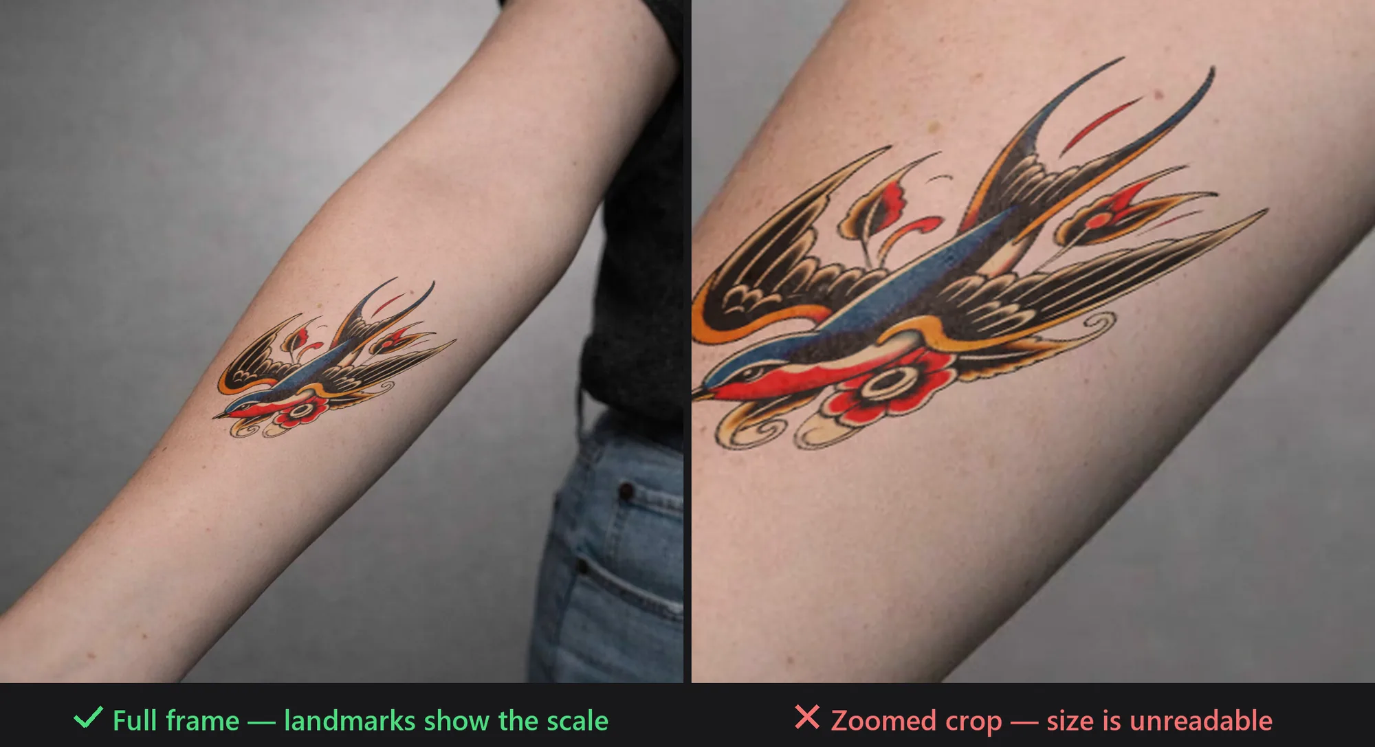 Two versions of the same inkPEEK preview — a full-frame screenshot where the elbow and wrist show the tattoo's scale, versus a zoomed crop where size can't be judged