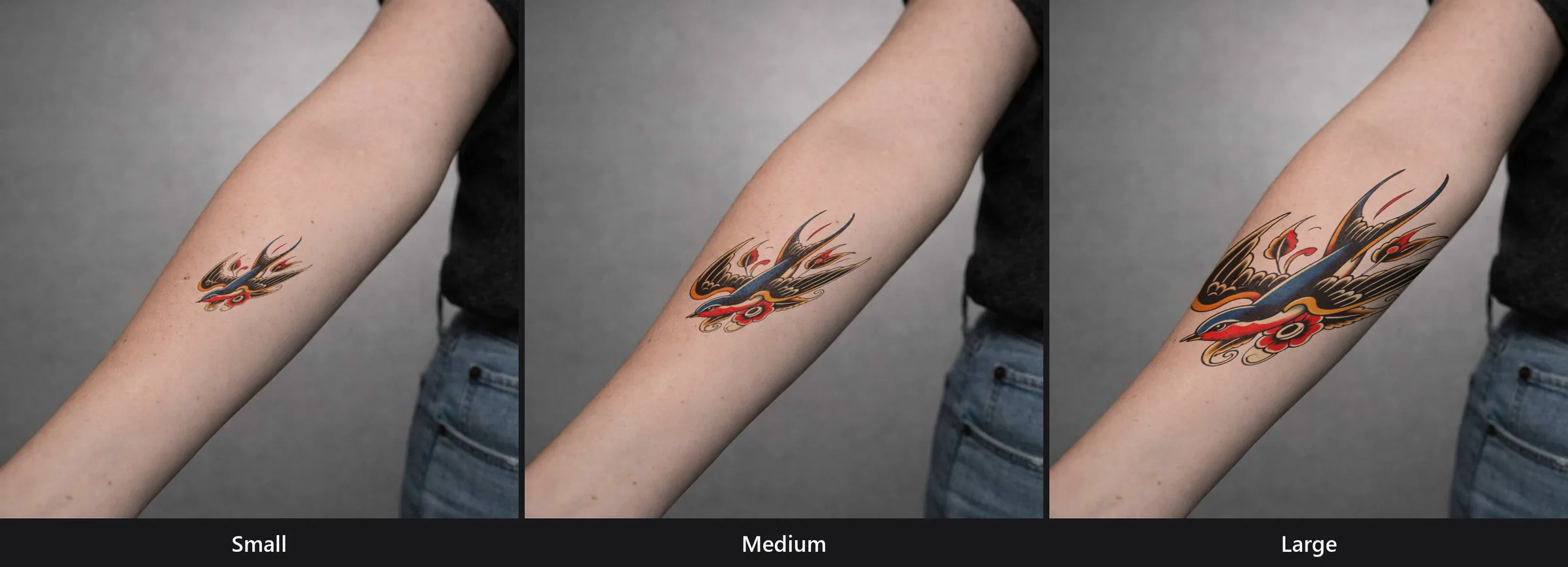 The same swallow tattoo design previewed with inkPEEK at three sizes — small, medium, and large — on the same forearm photo