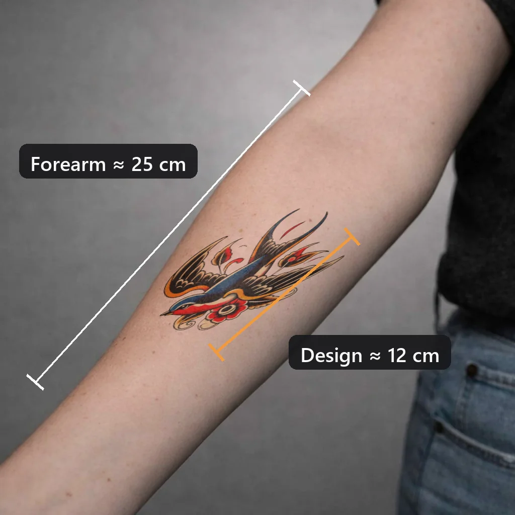 An inkPEEK forearm preview annotated with measurements — the forearm is about 25 cm and the design spans about 12 cm of it